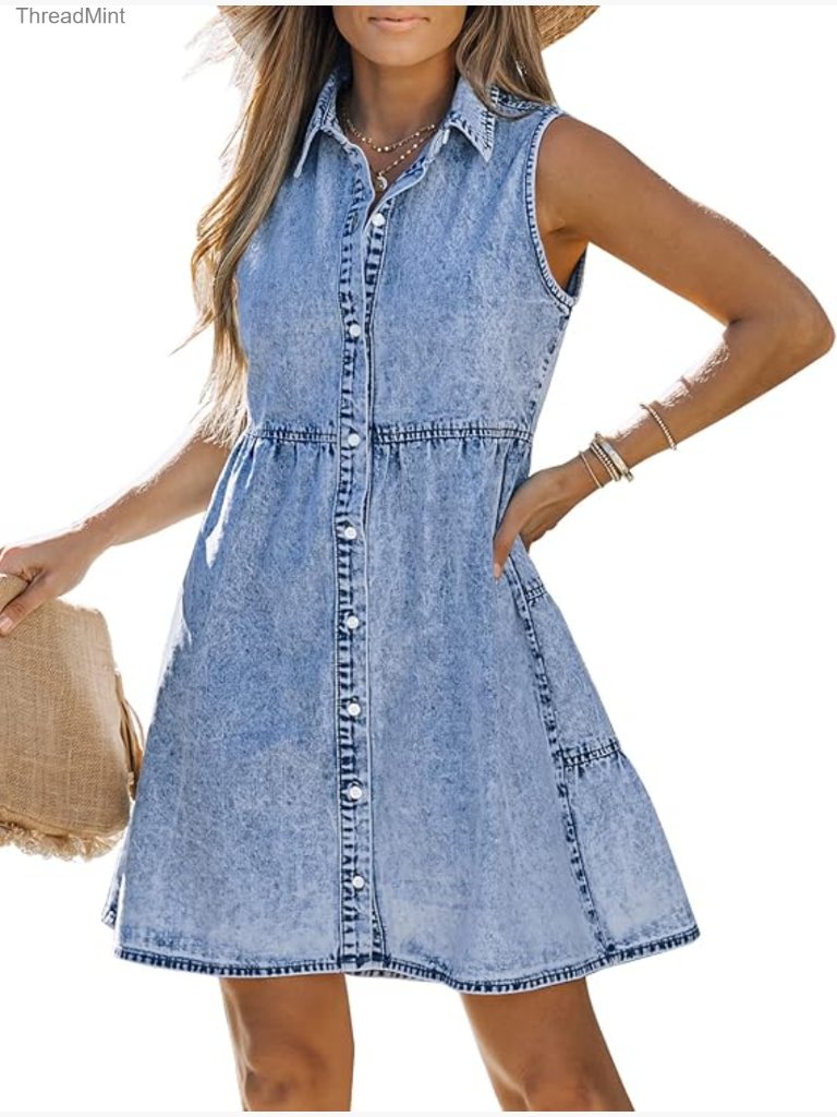 Sleeveless Denim Babydoll Dress High Waist Button Down A-Line